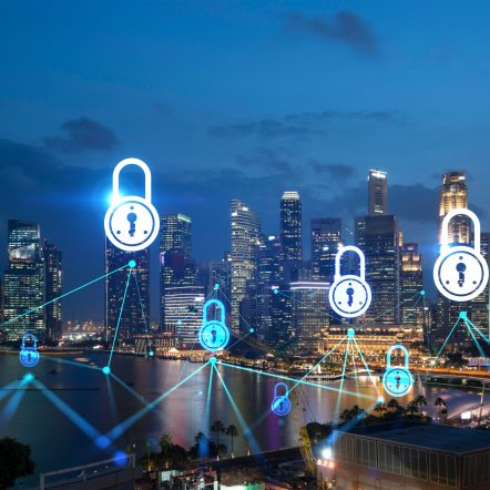 Glowing Padlock hologram, night panoramic city view of Singapore, Asia. The concept of cyber security to protect companies. Double exposure.
